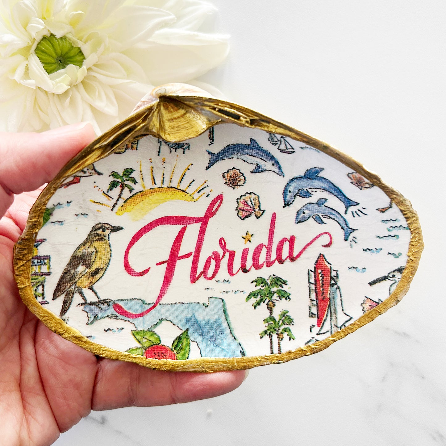 Florida State Decoupage Clam Shell Trinket Dish