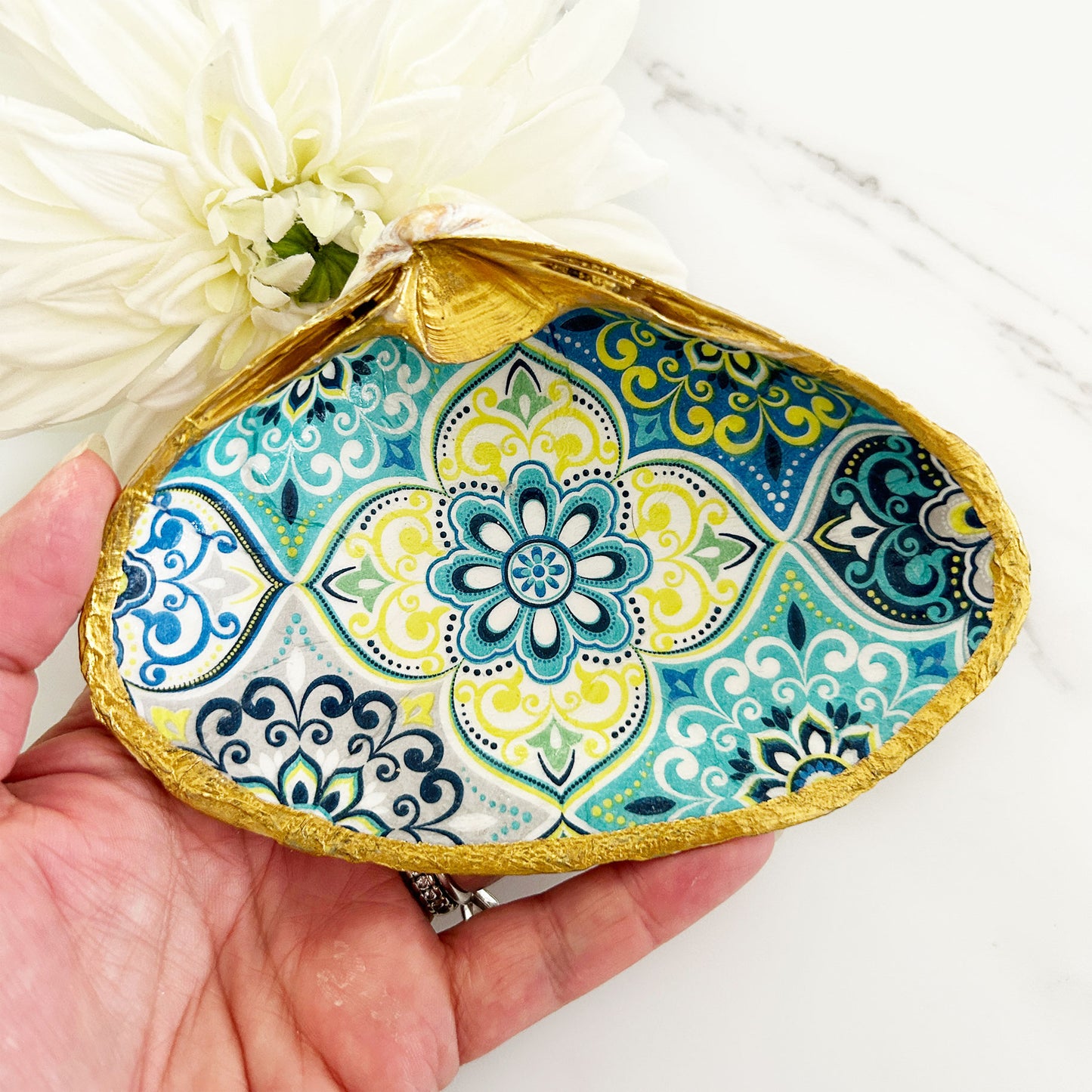 Blue and Yellow Mosaic Decoupage Clam Shell Trinket Dish