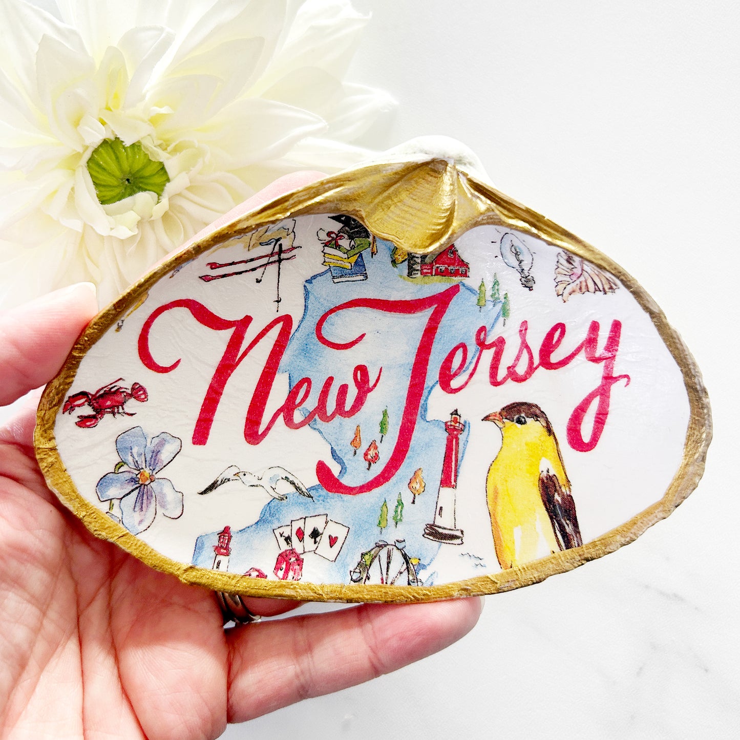 New Jersey State Decoupage Clam Shell Trinket Dish