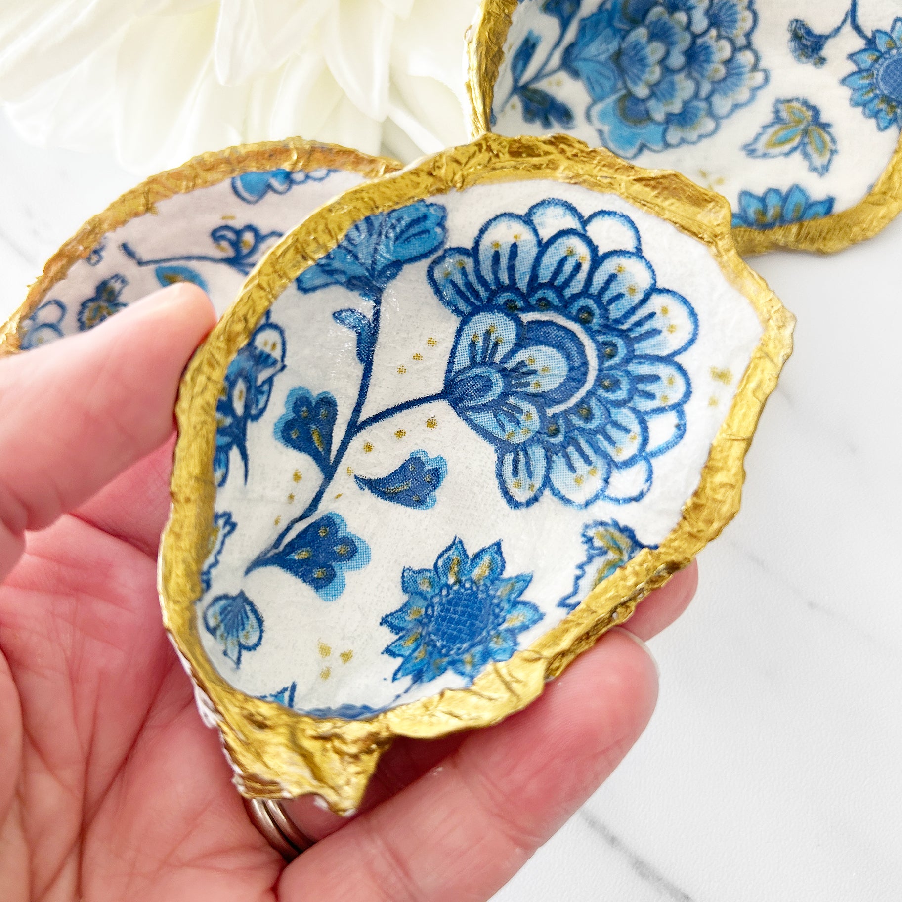Blue Floral Motif Decoupage Oyster Shell Trinket Dish – Adoridesigns