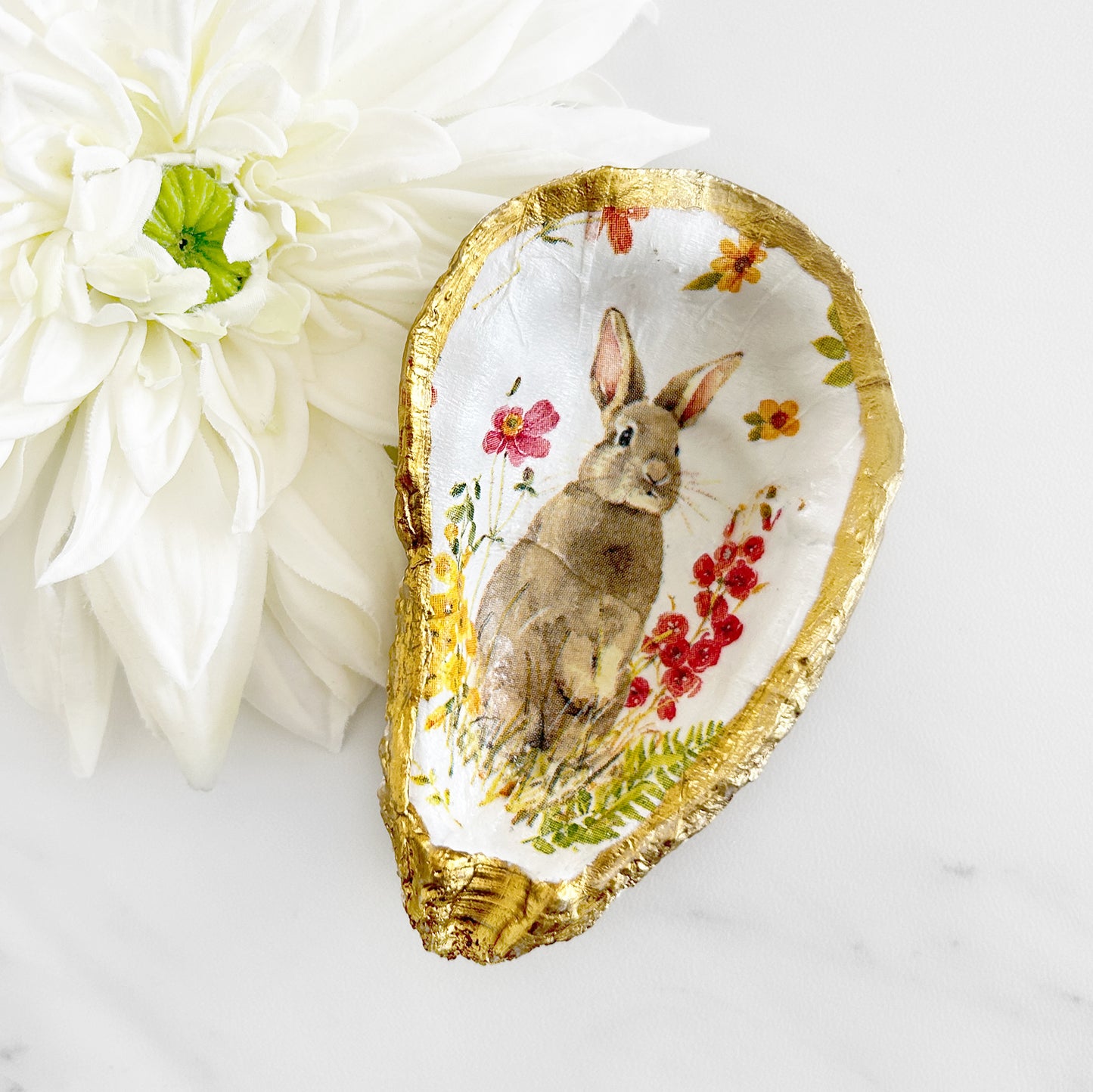 Spring Bunny Decoupage Oyster Shell Trinket Dish