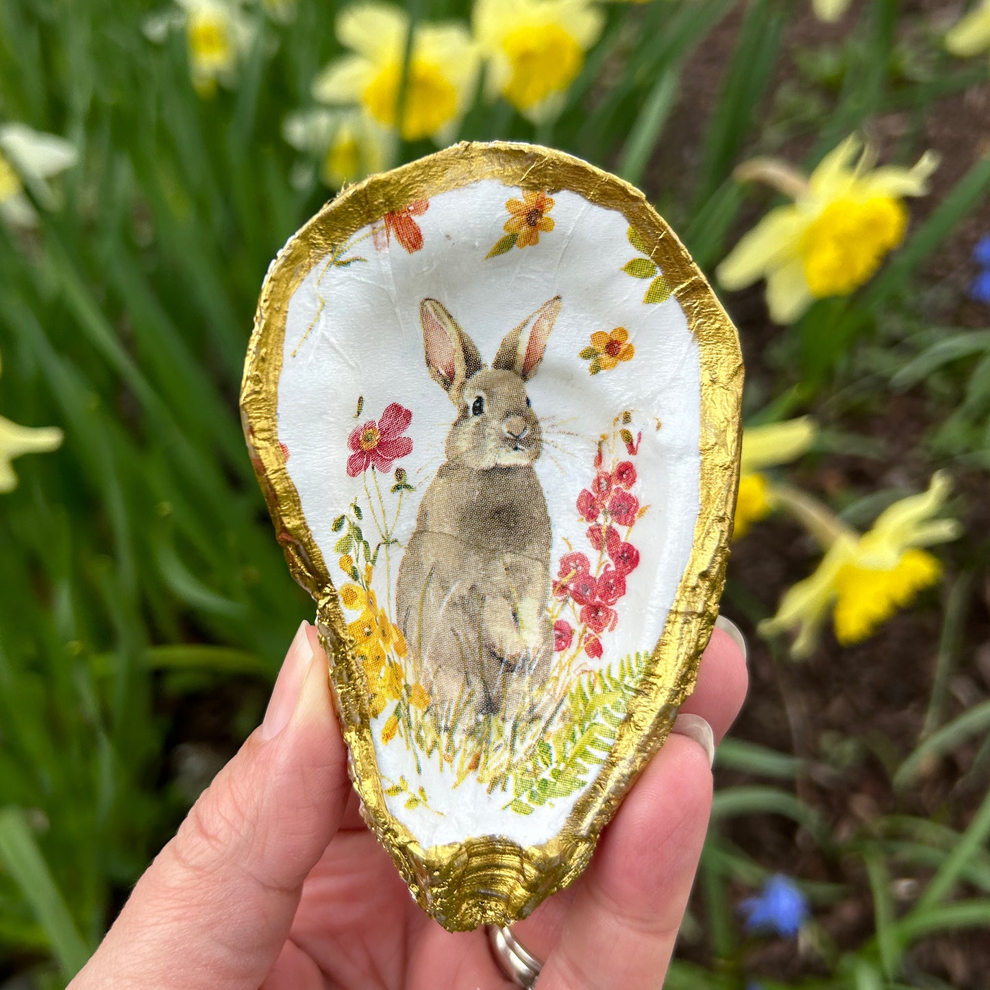 Spring Bunny Decoupage Oyster Shell Trinket Dish