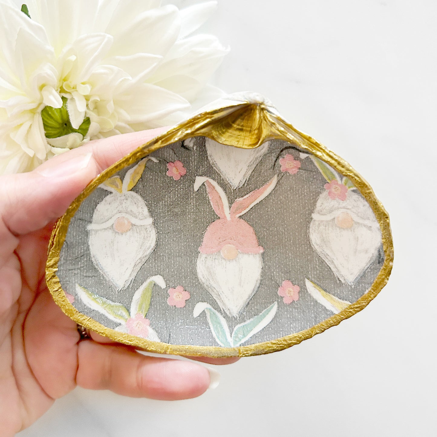 Easter Bunny Gnome Decoupage Clam Shell Trinket Dish