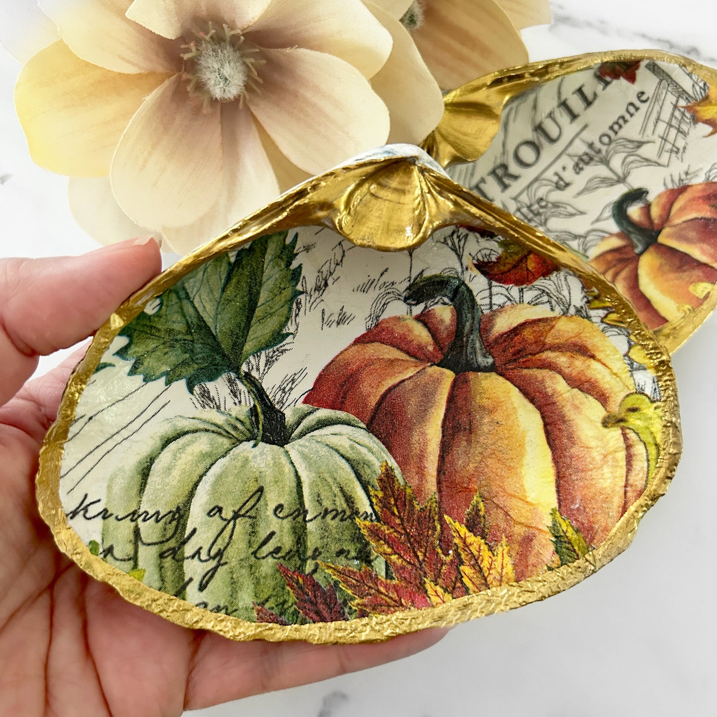 Harvest Pumpkin Decoupage Clam Shell Trinket Dish