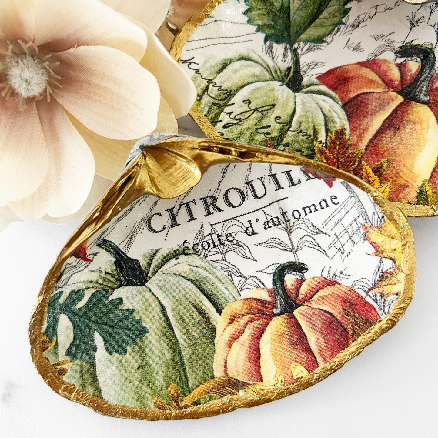 Harvest Pumpkin Decoupage Clam Shell Trinket Dish
