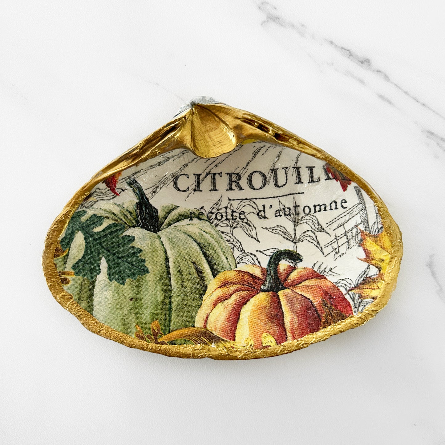 Harvest Pumpkin Decoupage Clam Shell Trinket Dish