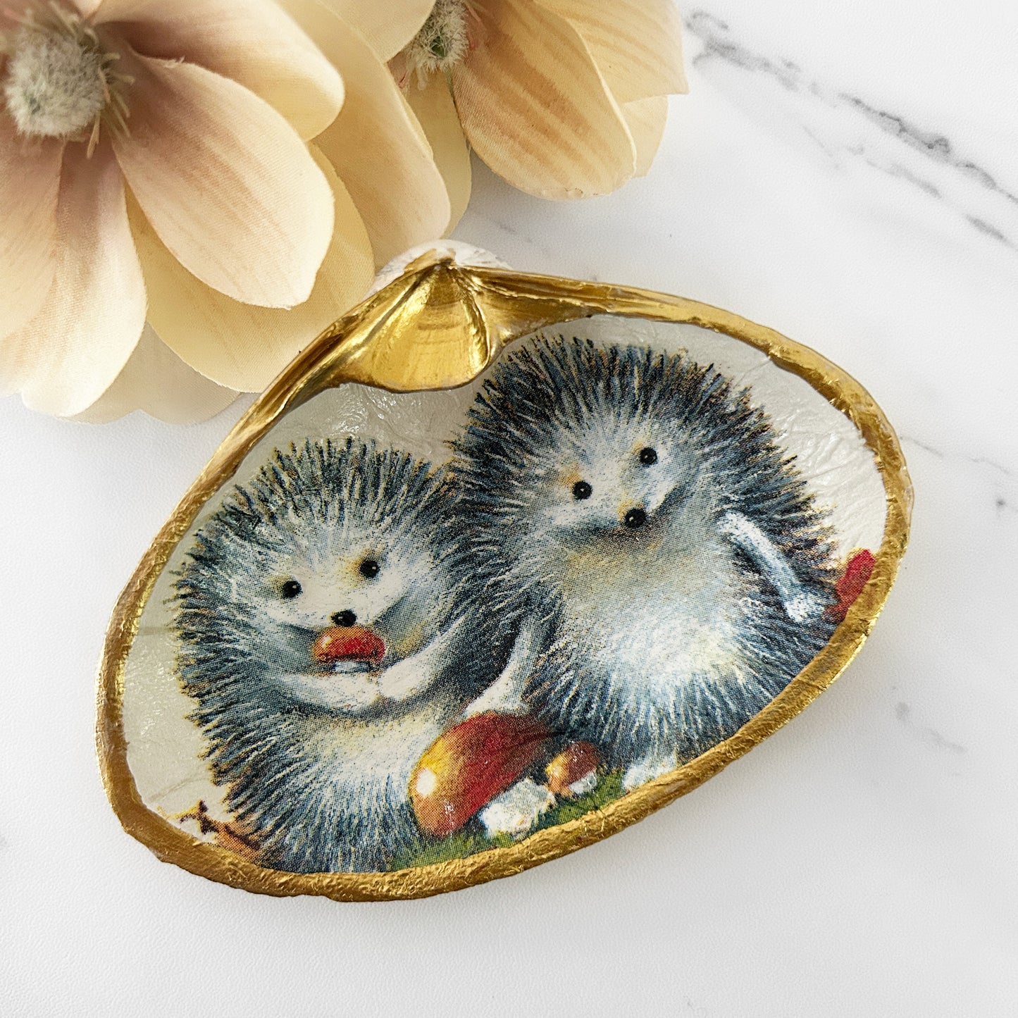 Autumn Hedgehog Decoupage Clam Shell Trinket Dish