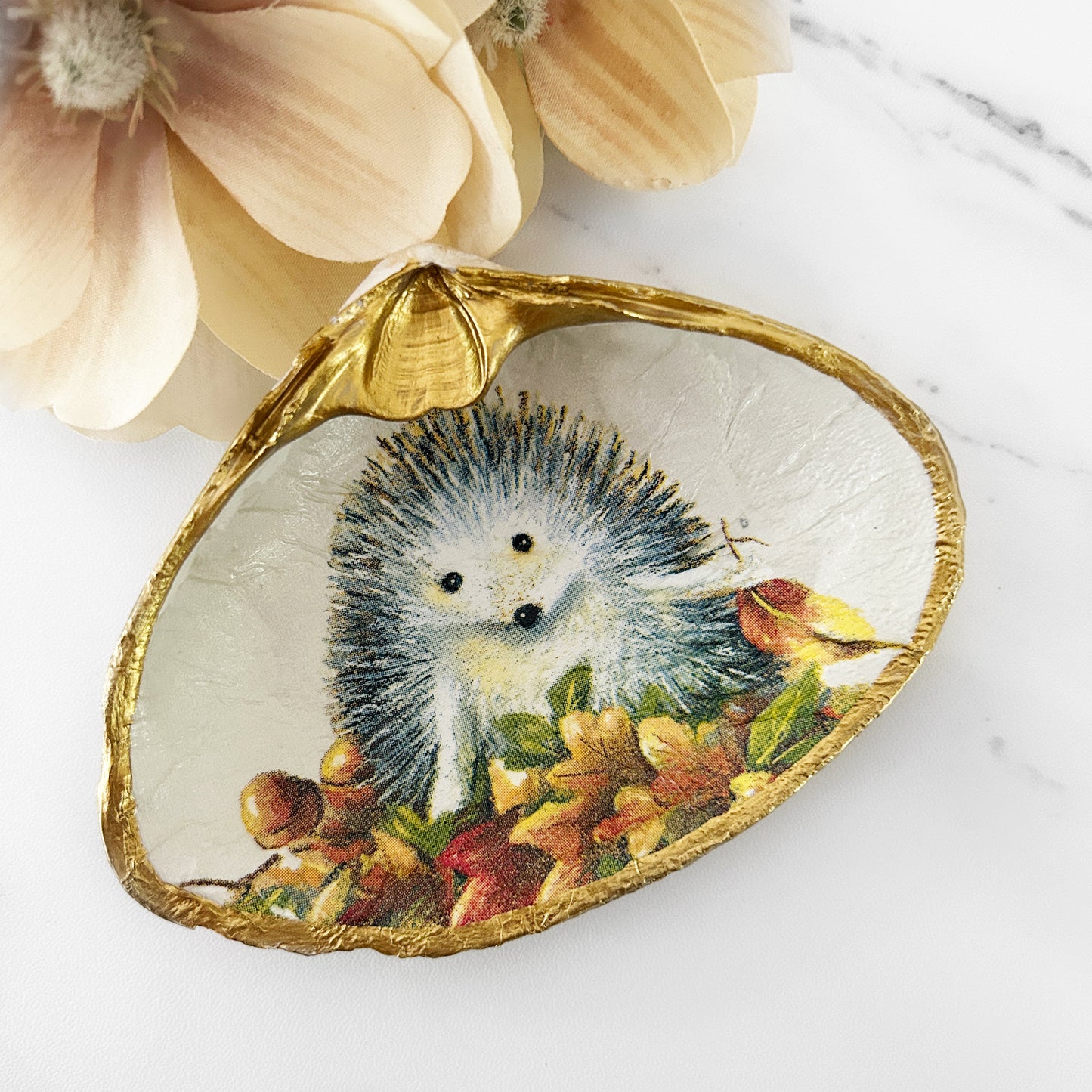 Autumn Hedgehog Decoupage Clam Shell Trinket Dish