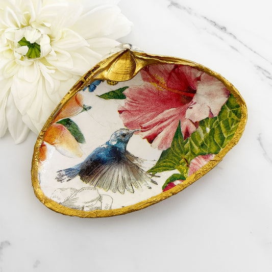 Hummingbird and Hibiscus Extra Large Decoupage Clam Shell Trinket Dish