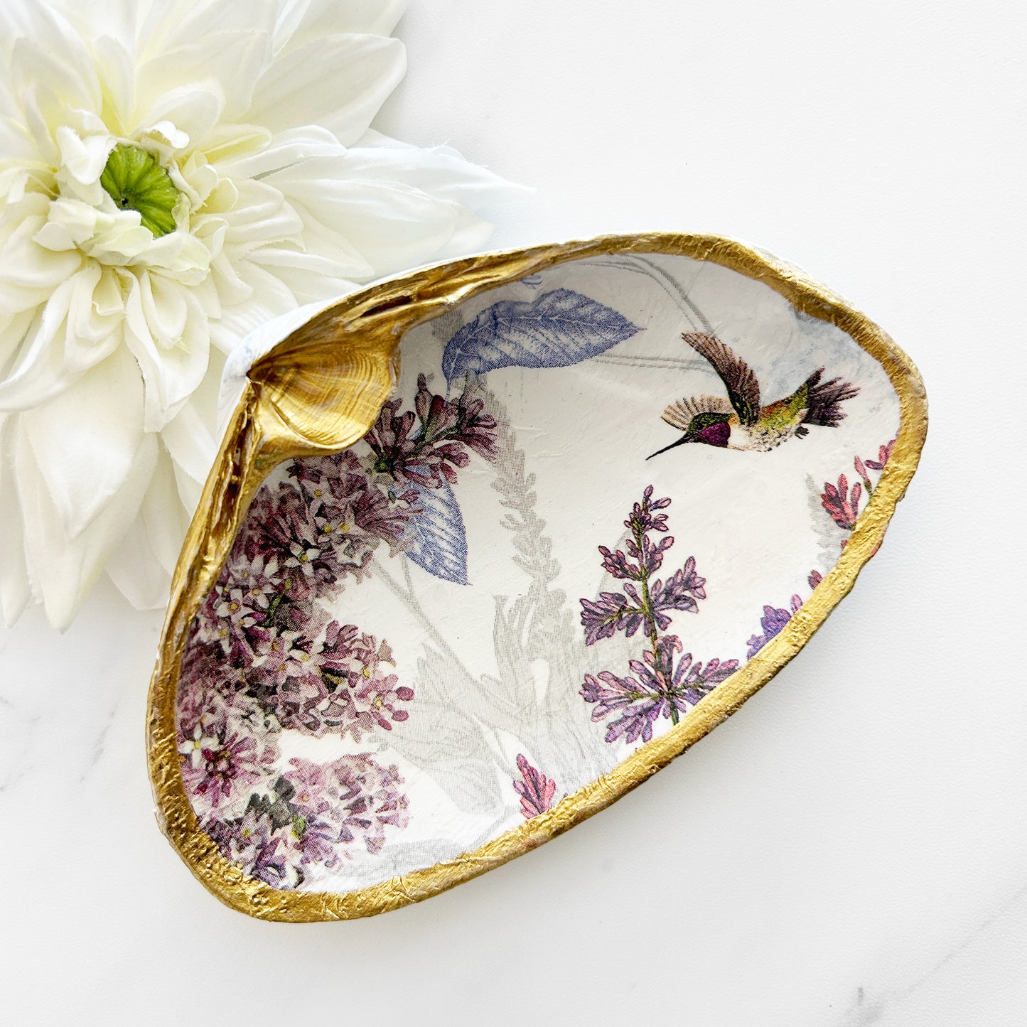 Lilac with Hummingbird Decoupage Clam Shell Trinket Dish