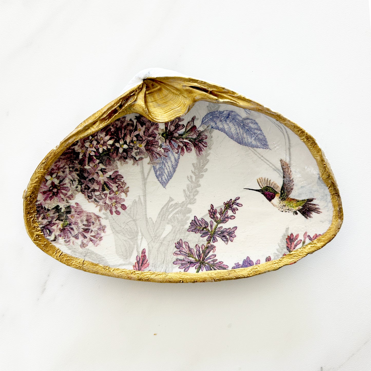 Lilac with Hummingbird Decoupage Clam Shell Trinket Dish