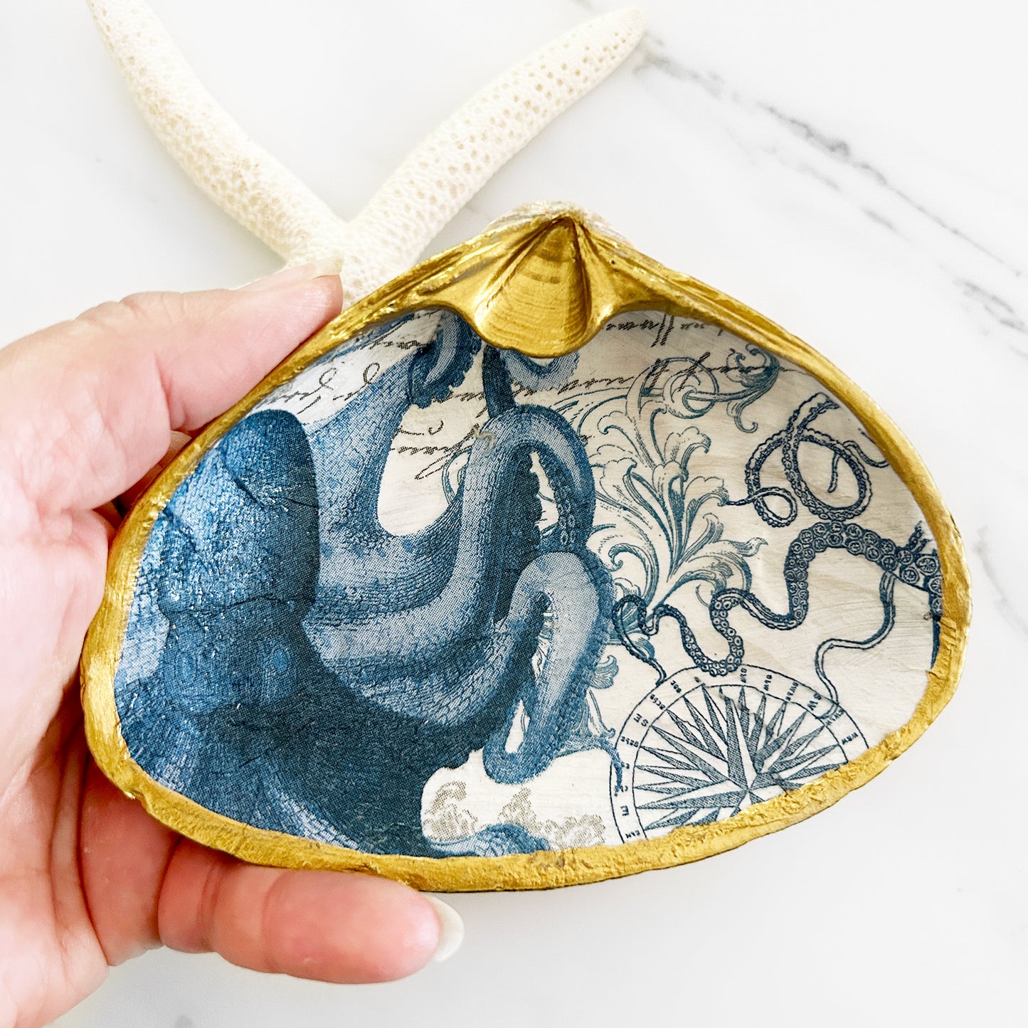 Nautical Blue Octopus Decoupage Clam Shell Trinket Dish