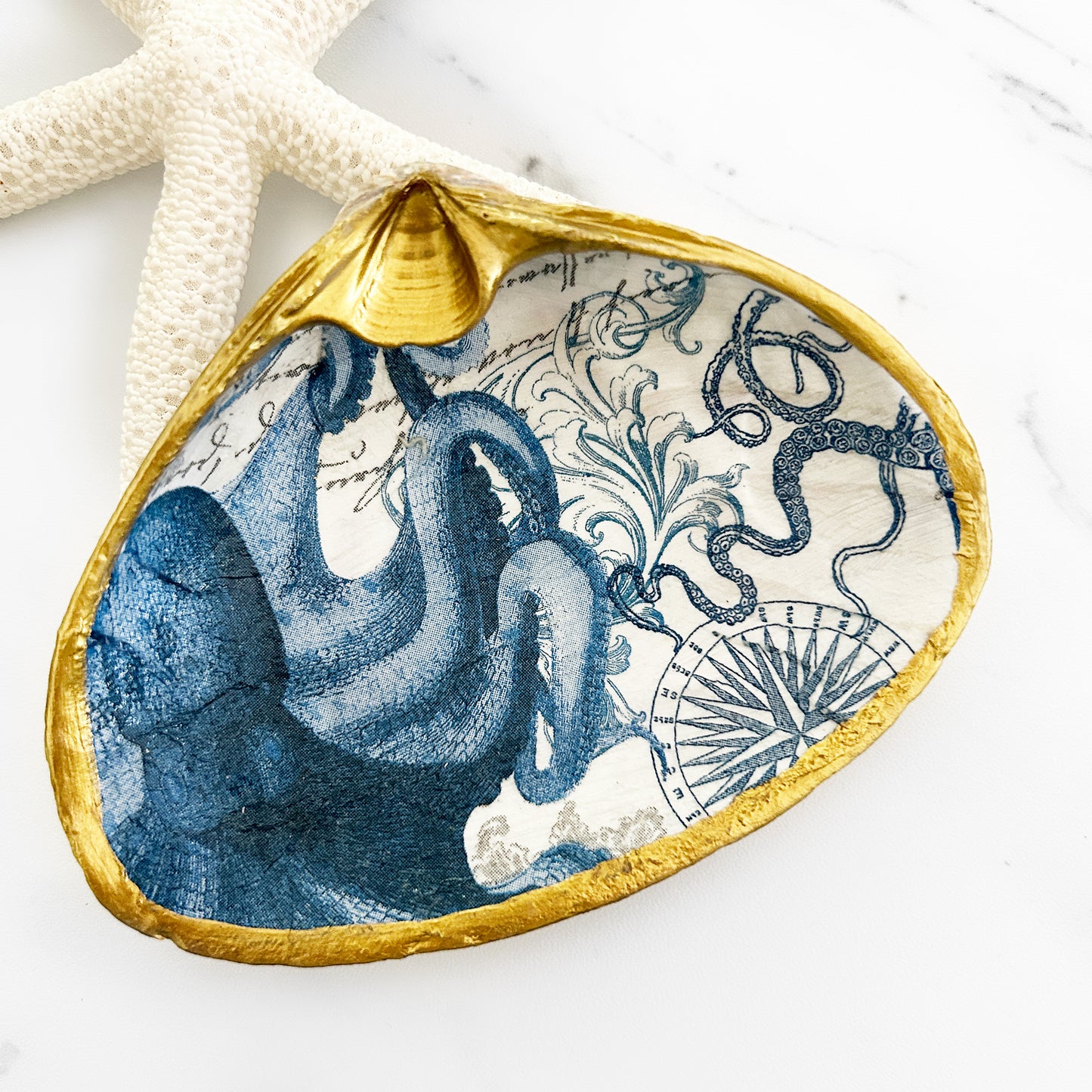 Nautical Blue Octopus Decoupage Clam Shell Trinket Dish