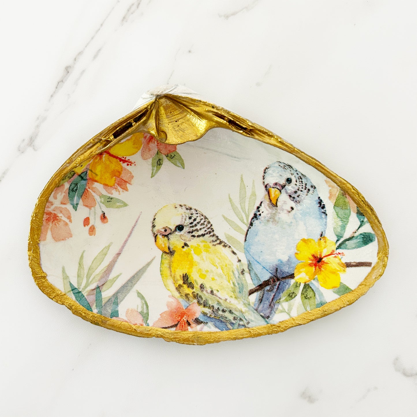 Parakeet Pair Extra Large Decoupage Clam Shell Trinket Dish