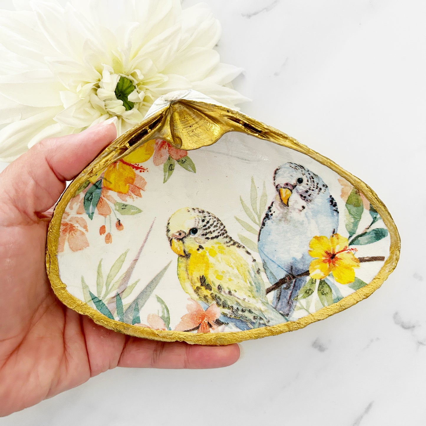 Parakeet Pair Extra Large Decoupage Clam Shell Trinket Dish