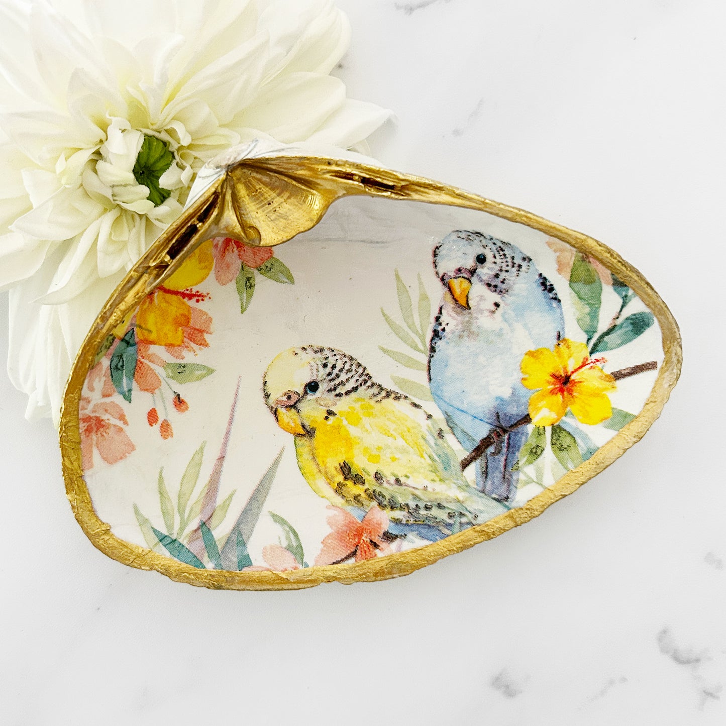 Parakeet Pair Extra Large Decoupage Clam Shell Trinket Dish