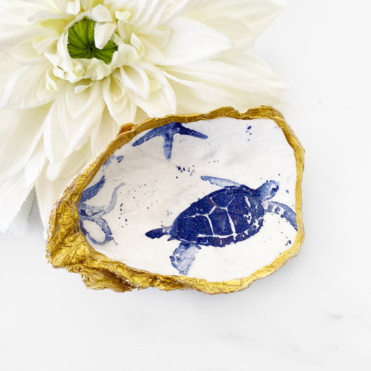 Simple Blue Sea Turtle Oyster Shell Trinket Dish