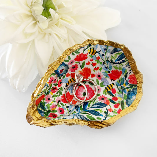 Spring Wildflowers Decoupage Oyster Shell Trinket Ring Dish