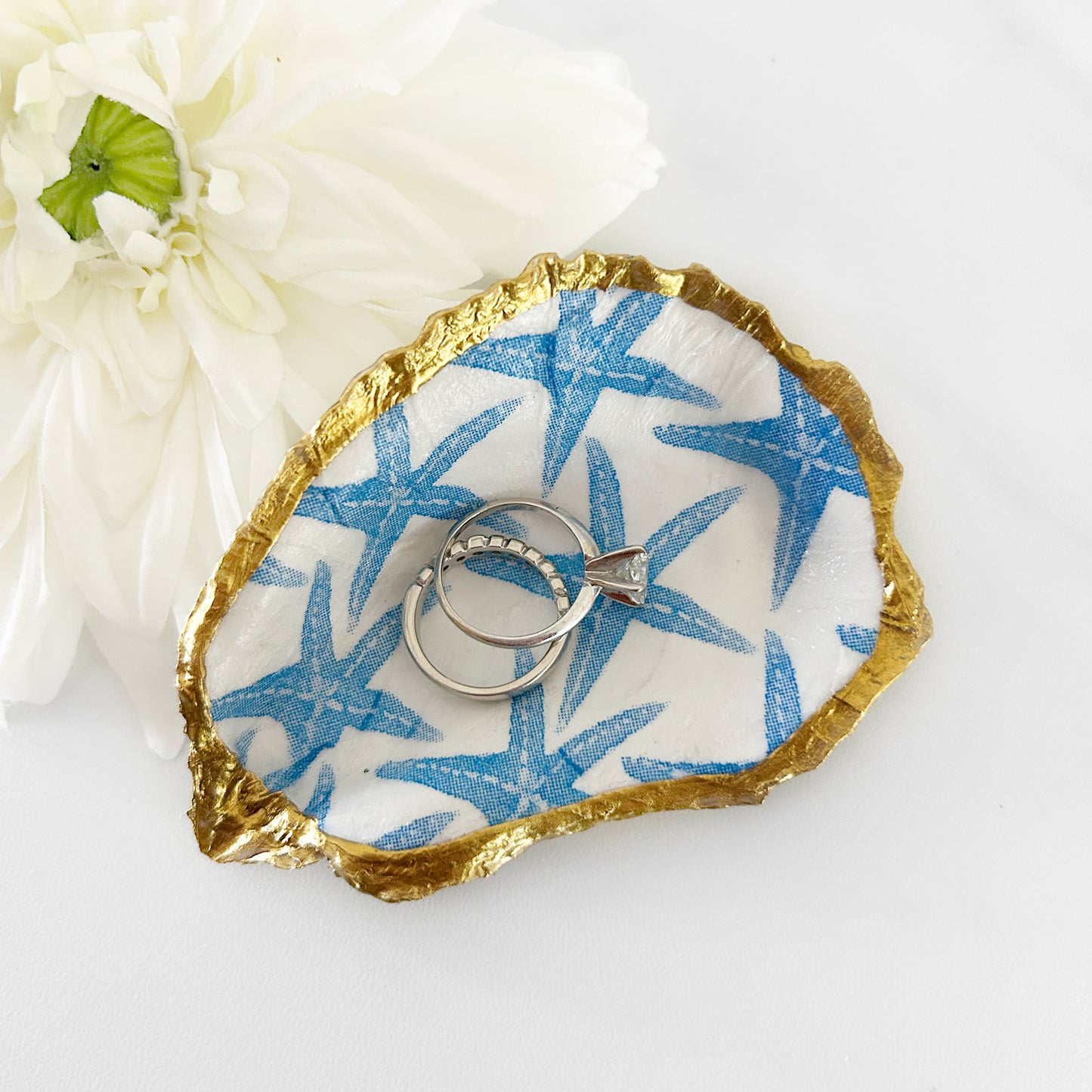 Blue Starfish Pattern Decoupage Oyster Shell Trinket Ring Dish