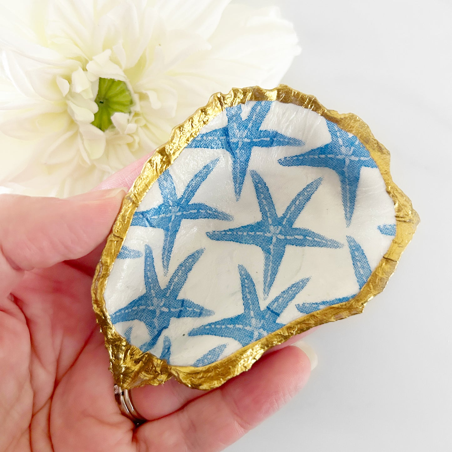 Blue Starfish Pattern Decoupage Oyster Shell Trinket Ring Dish