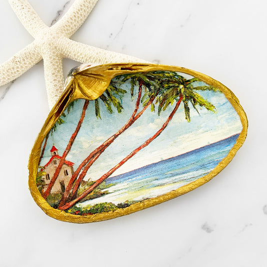 Tropical Palm Trees Beach Extra Large Decoupage Clam Shell Trinket Dish