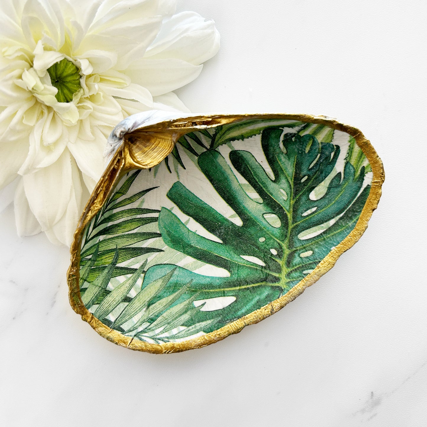 Monstera Tropical Leaves Decoupage Clam Shell Trinket Dish