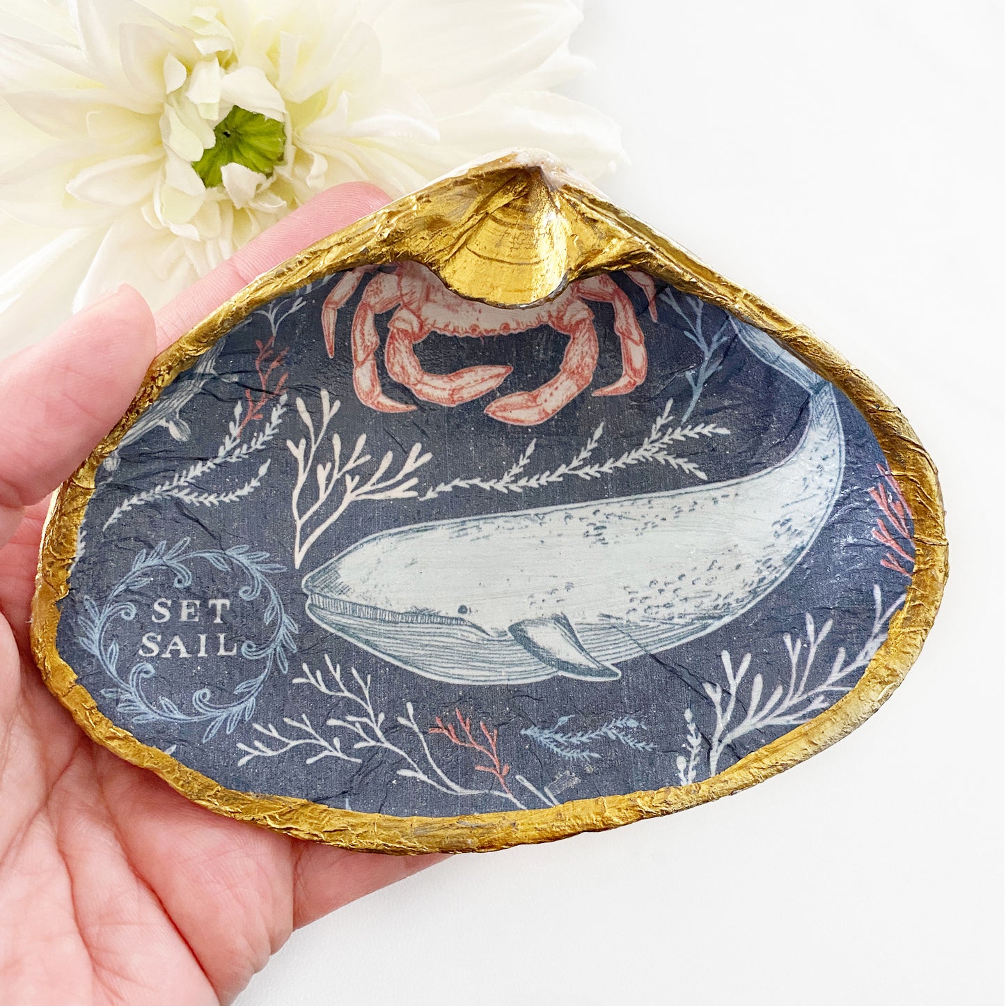 Nautical Sea Life Decoupage Clam Shell Trinket Dish