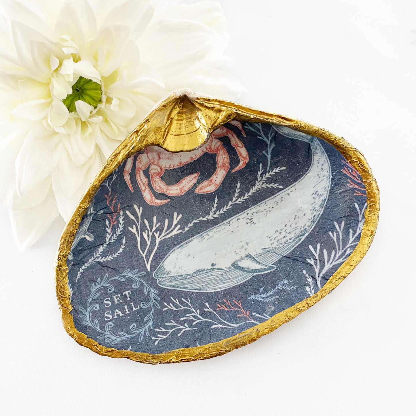 Nautical Sea Life Decoupage Clam Shell Trinket Dish