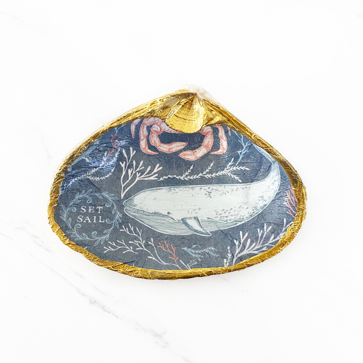 Nautical Sea Life Decoupage Clam Shell Trinket Dish