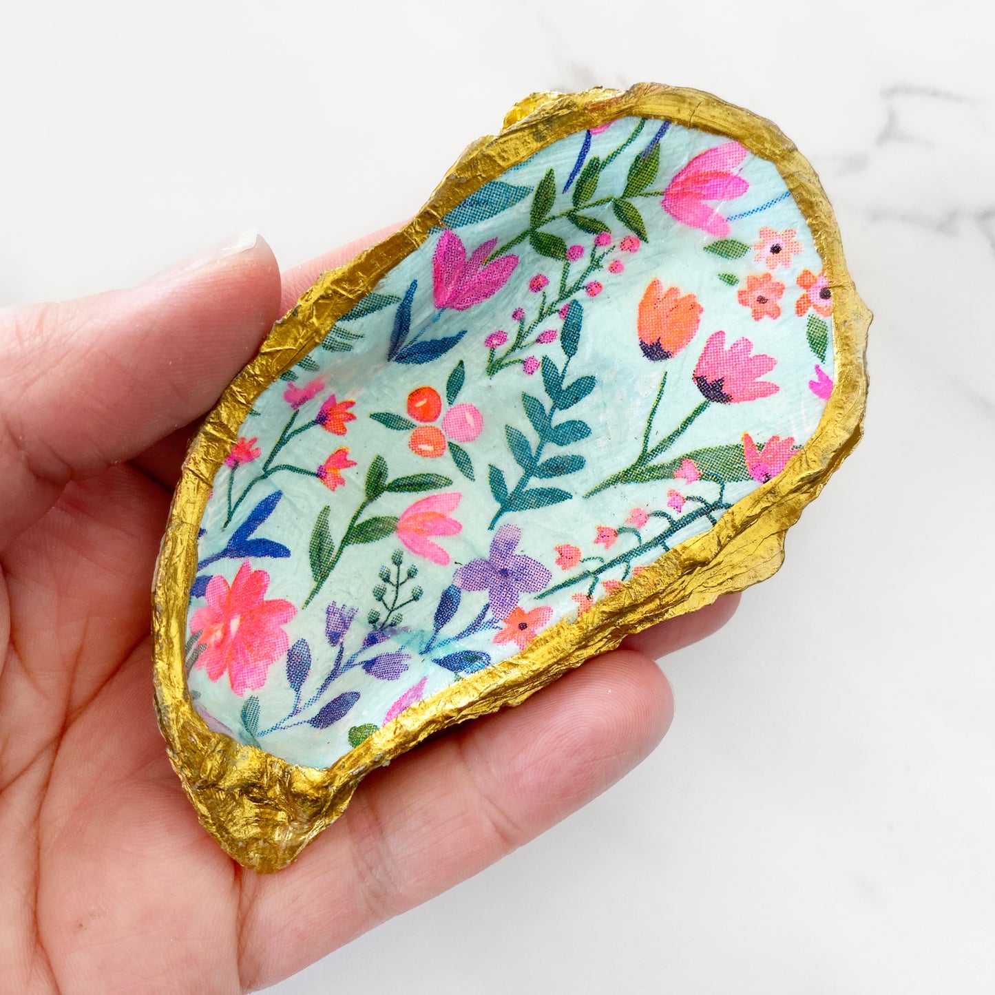 Bright Summery Floral Decoupage Oyster Shell Trinket Dish