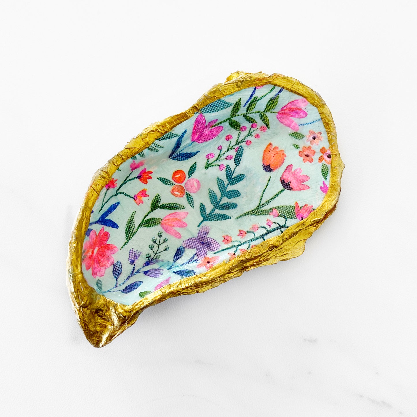 Bright Summery Floral Decoupage Oyster Shell Trinket Dish