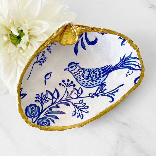 Chinoiserie Bird Inspired Decoupage Clam Shell Trinket Dish