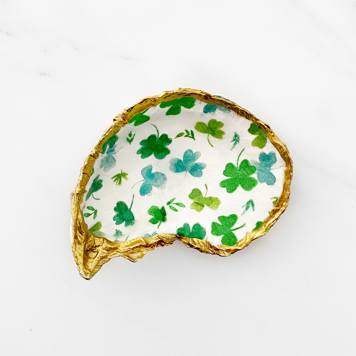 Shamrock Decoupage Oyster Shell Trinket Ring Dish