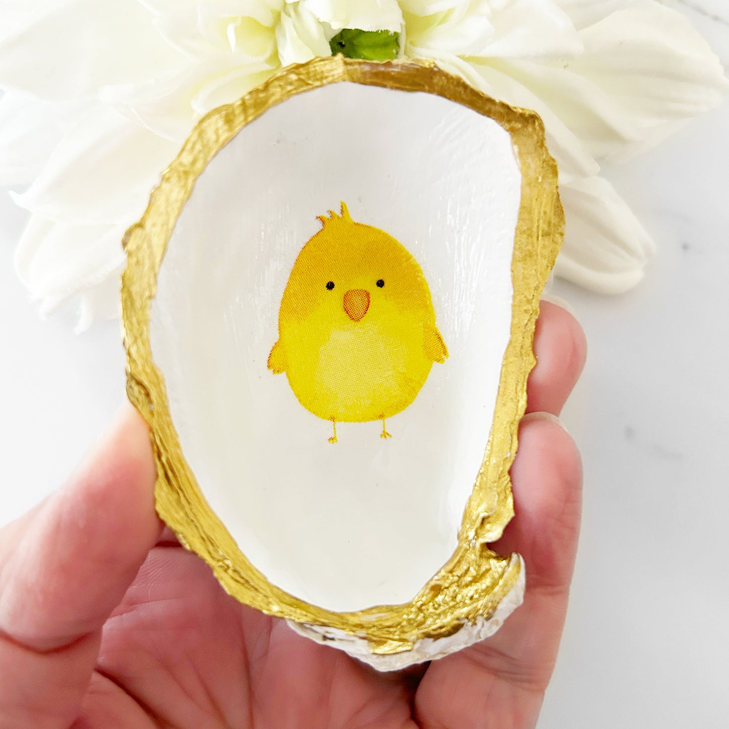 Spring Chick Decoupage Oyster Shell Trinket Ring Dish