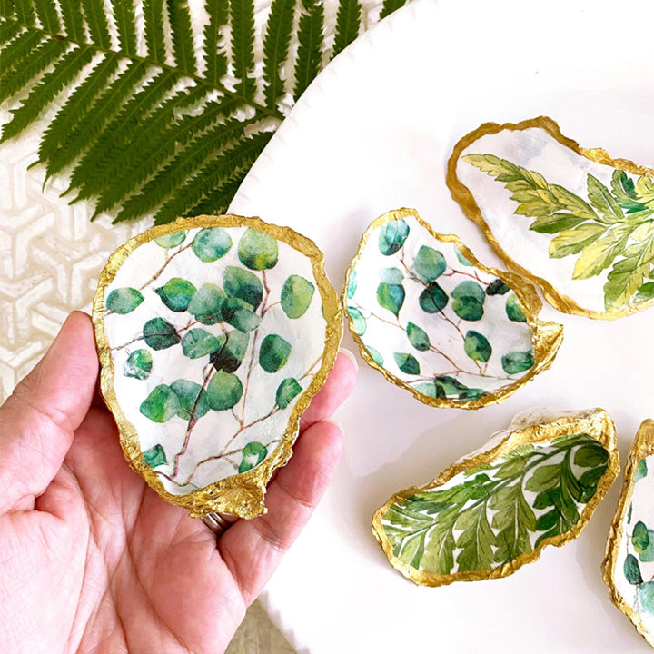 Eucalyptus Decoupage Oyster Shell Trinket Dish