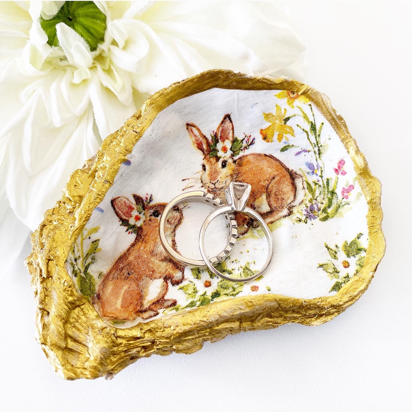 Spring Bunny Decoupage Oyster Shell Trinket