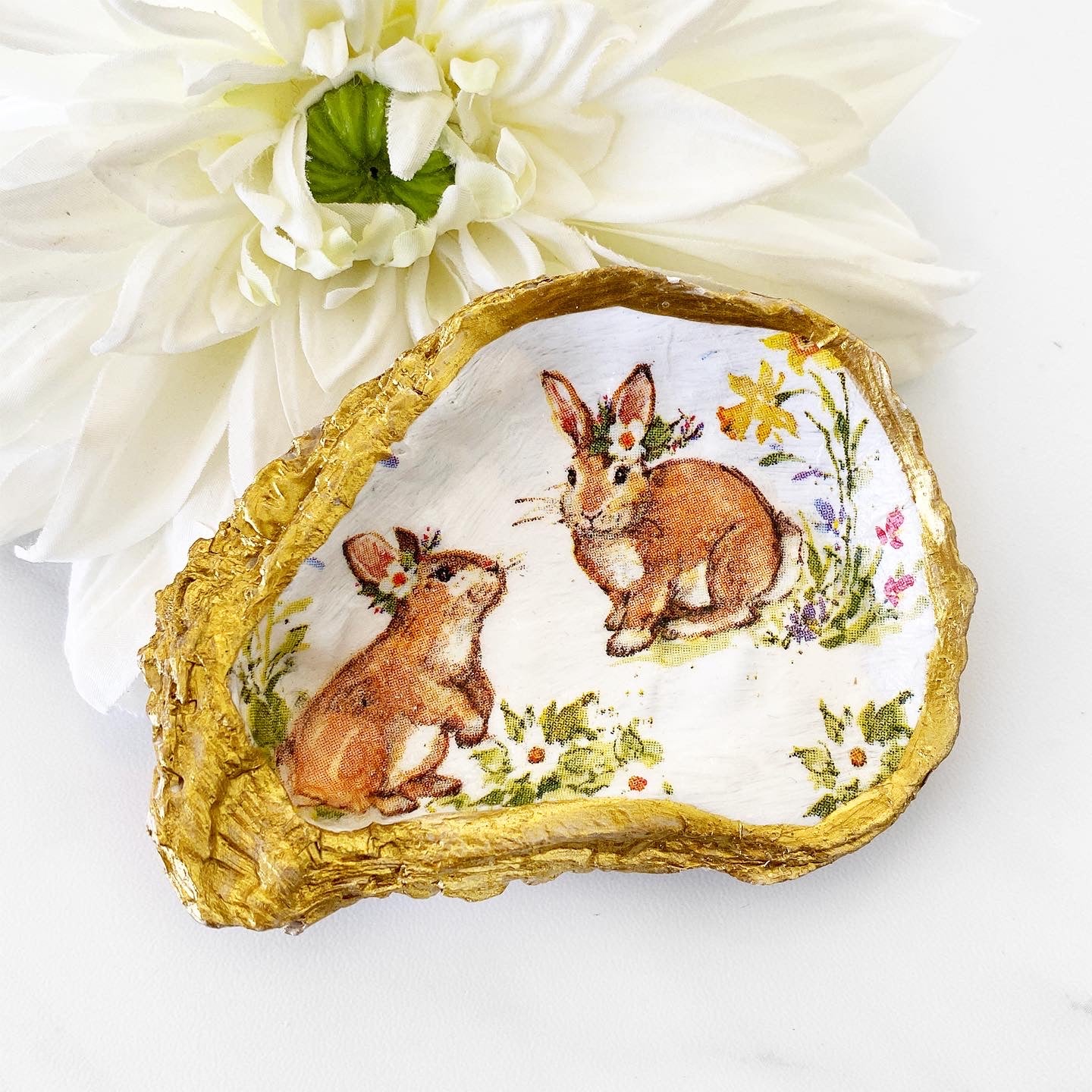 Spring Bunny Decoupage Oyster Shell Trinket