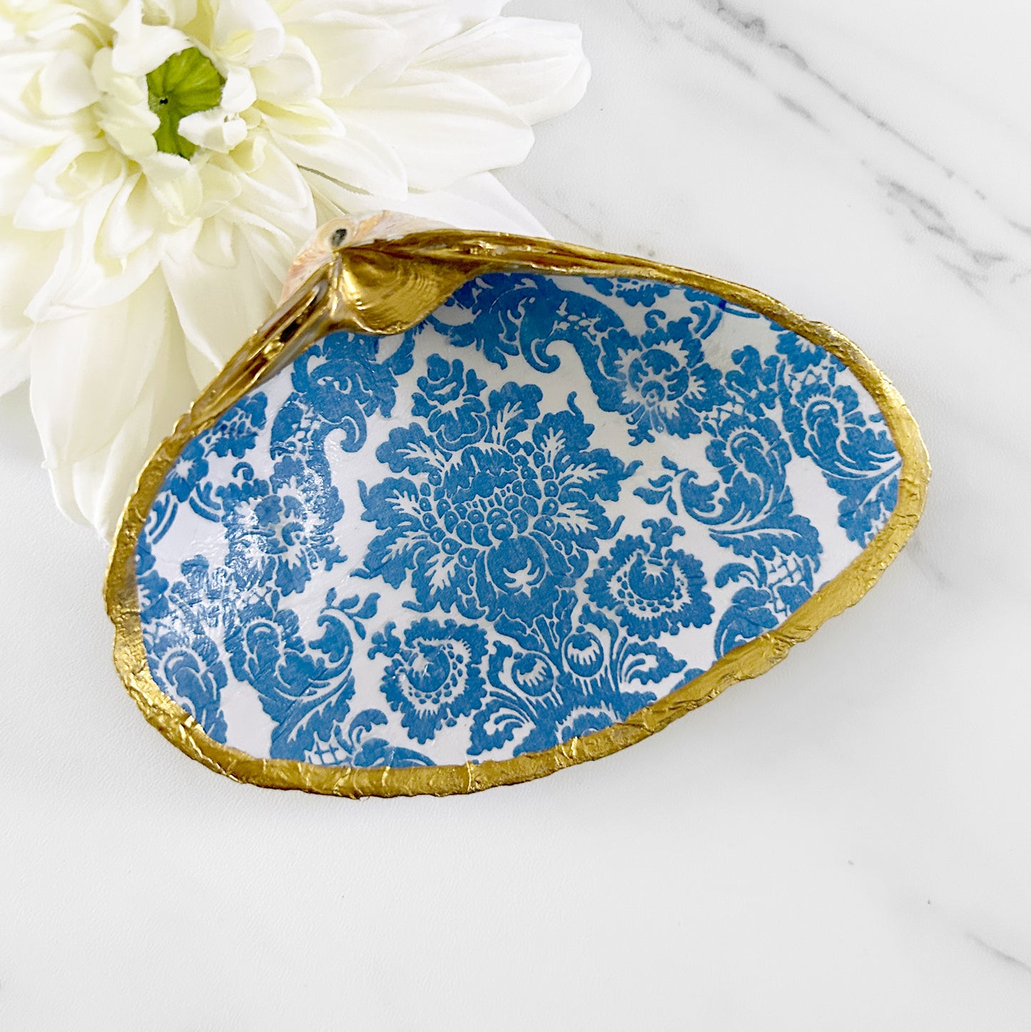 Light Blue Damask Decoupage Clam Shell Trinket Dish