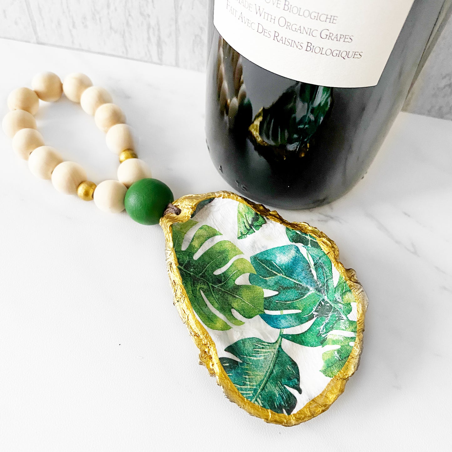 Monstera Decoupage Oyster Wine Bottle Charm
