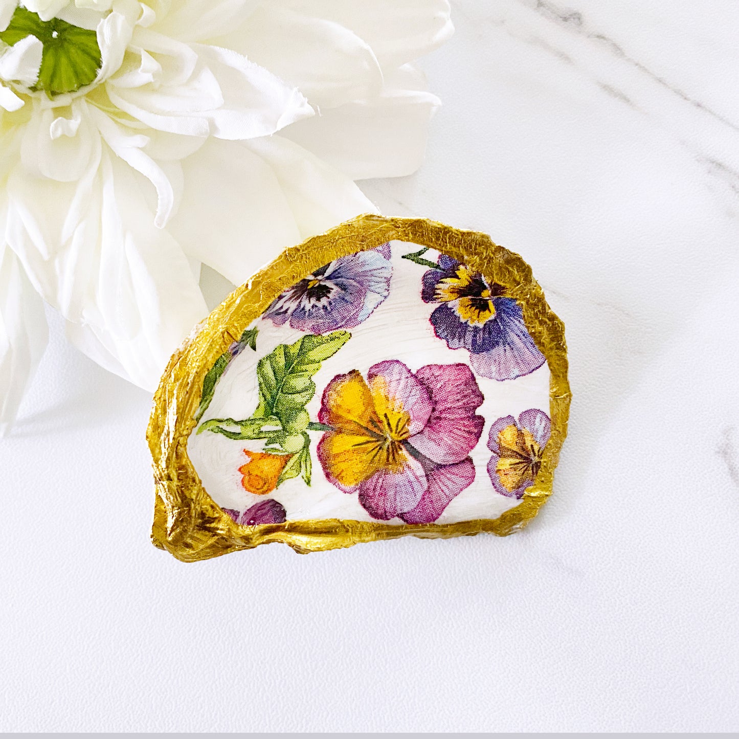 Purple Pansy Flower Decoupage Mini Oyster Trinket Ring Dish