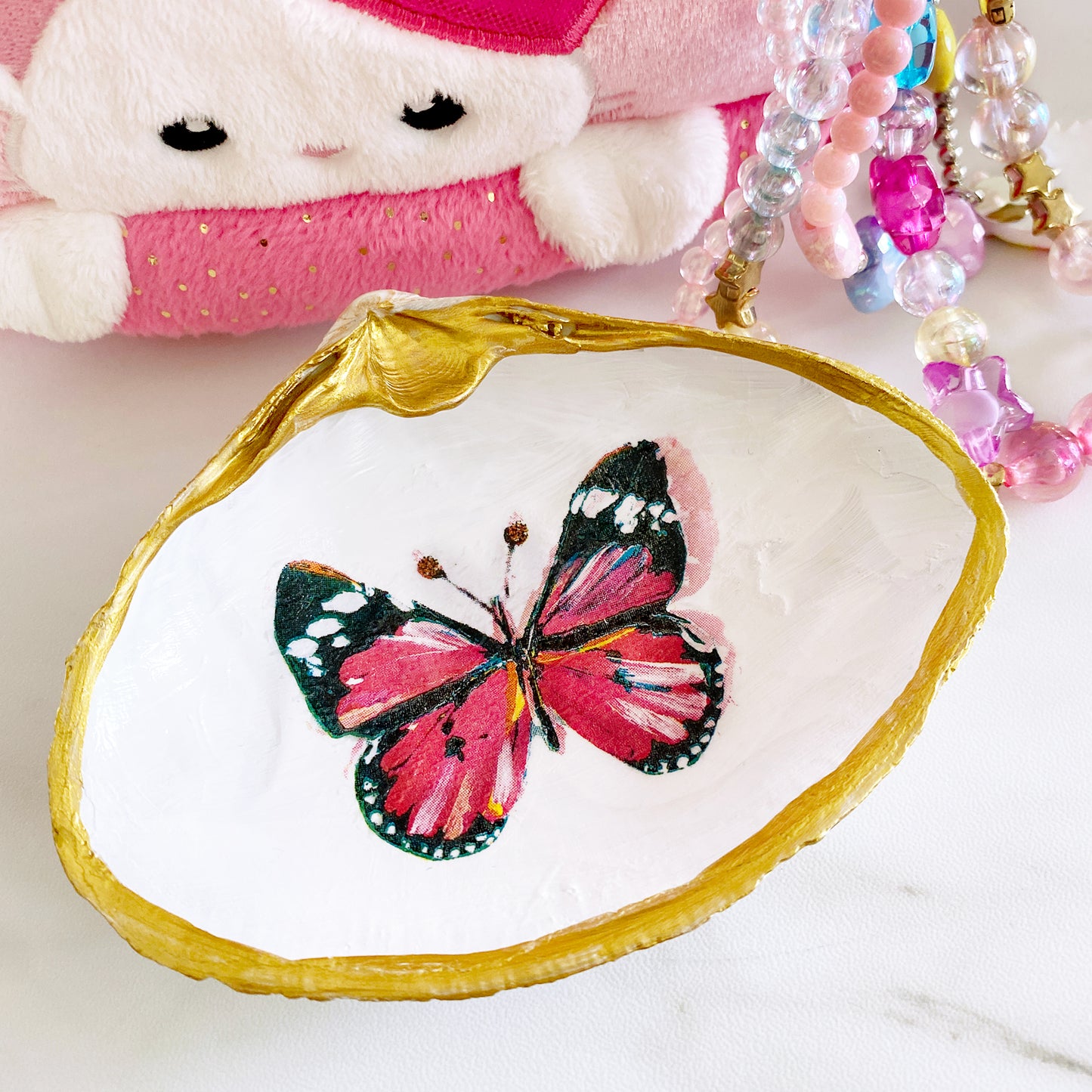 Pink/Purple Butterfly Decoupage Clam Shell Trinket Dish