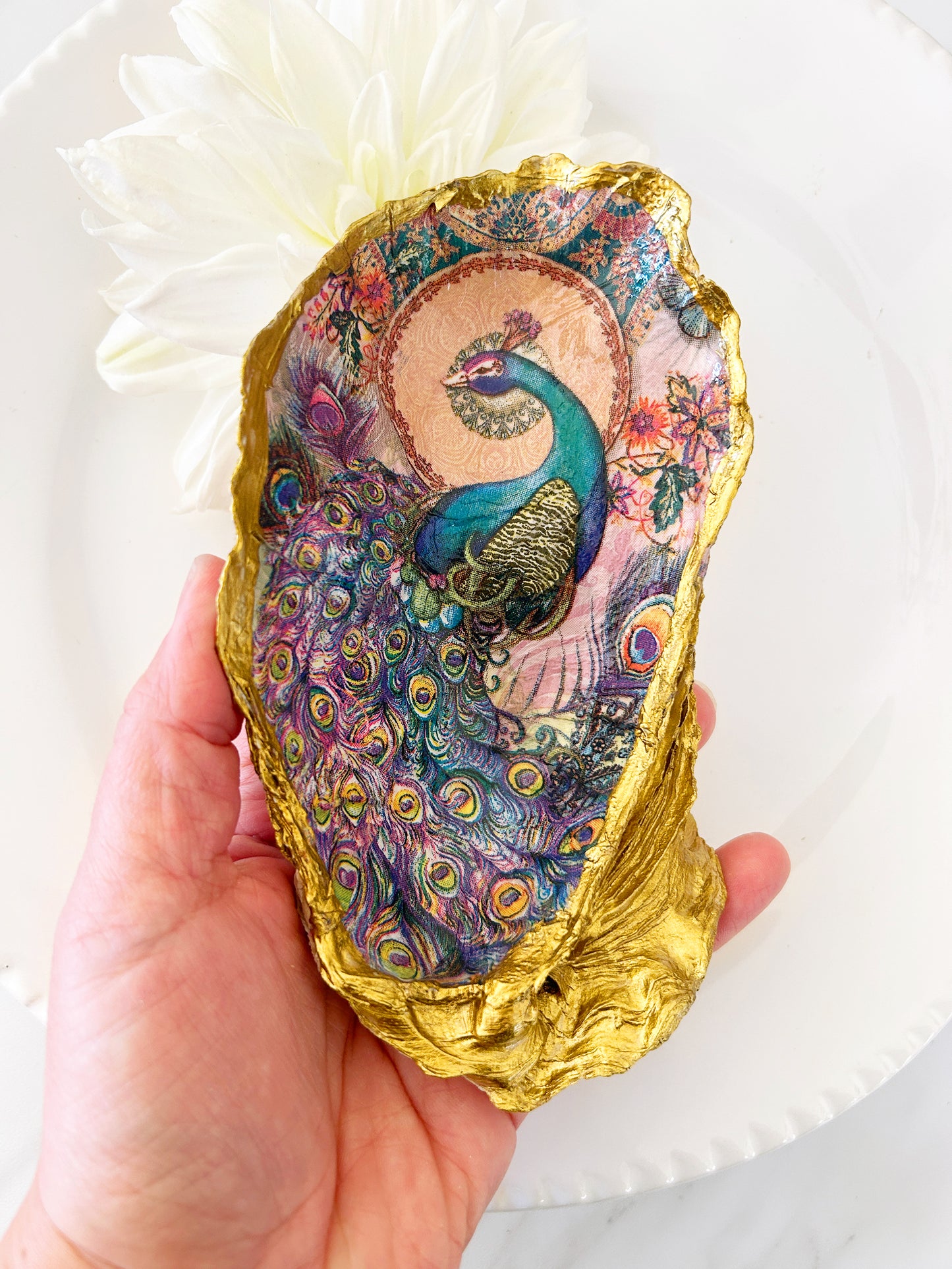 Ornate Colorful Peacock Large Oyster Shell