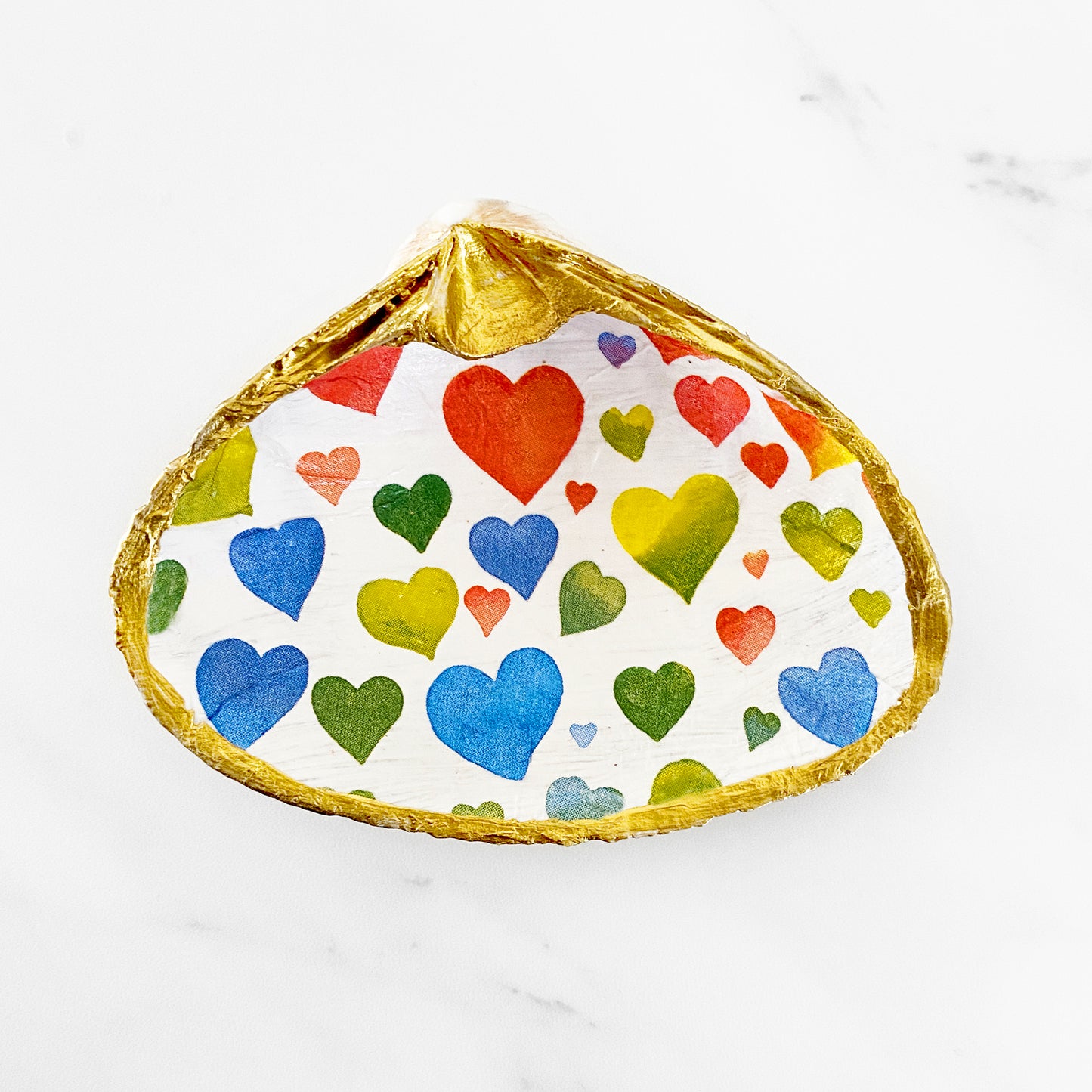 Rainbow Heart Decoupage Clam Shell Trinket Ring Dish