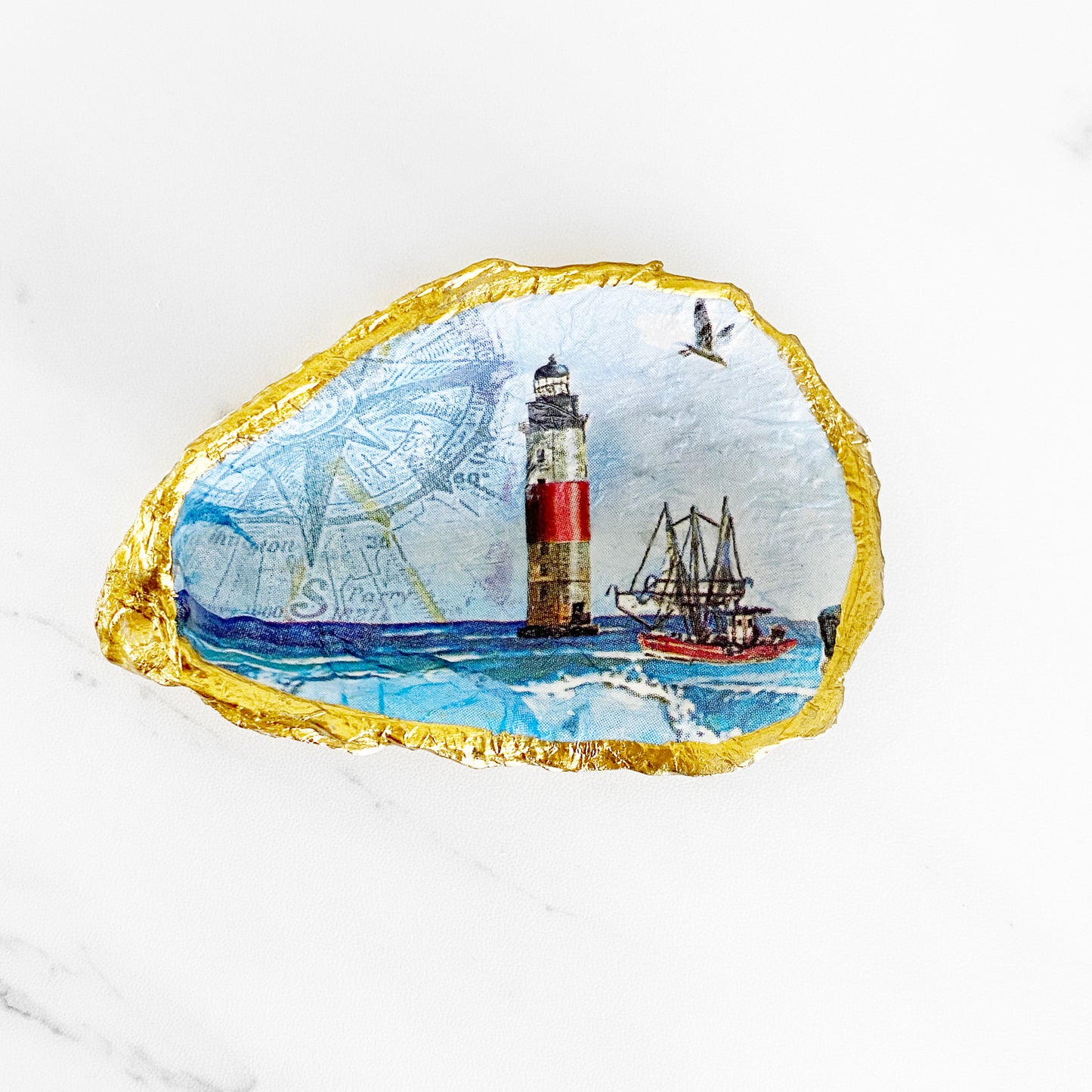 Nautical Lighthouse Decoupage Oyster Shell Trinket Dish