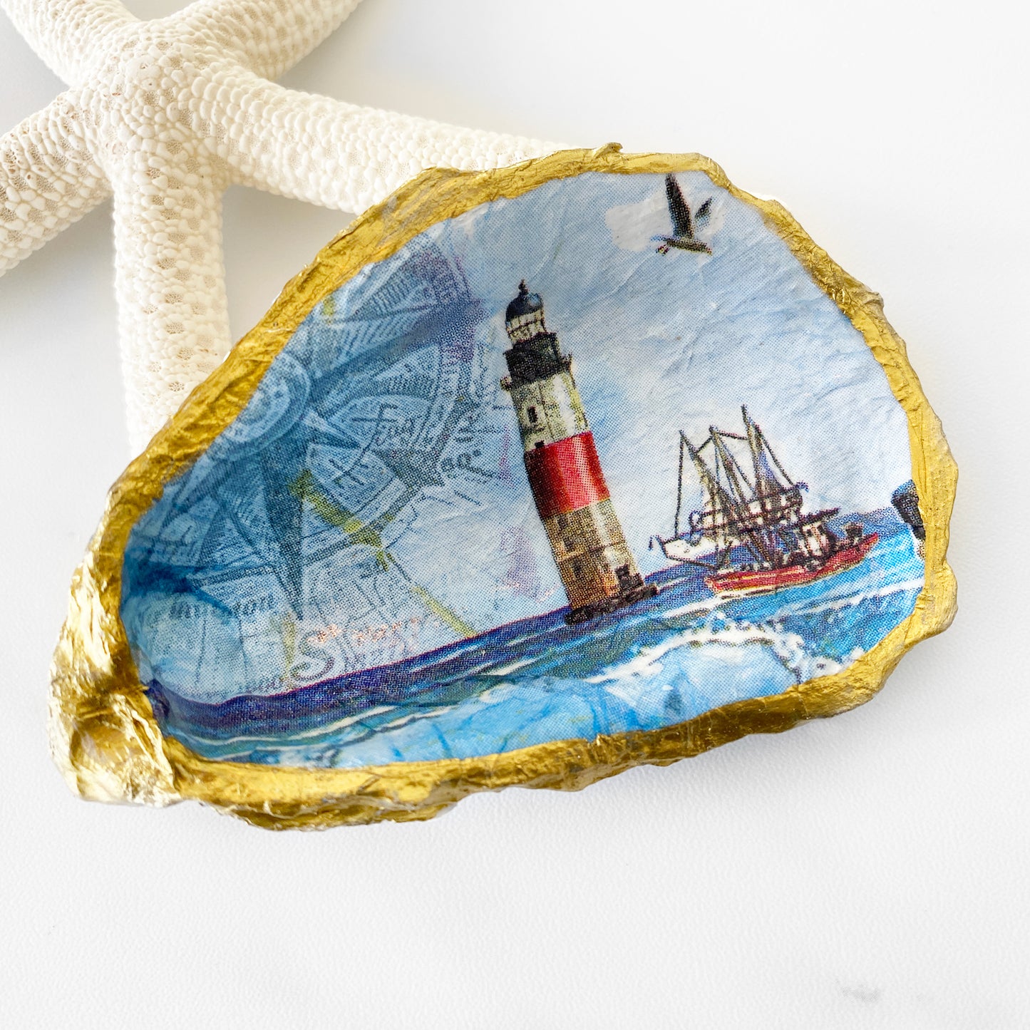 Nautical Lighthouse Decoupage Oyster Shell Trinket Dish