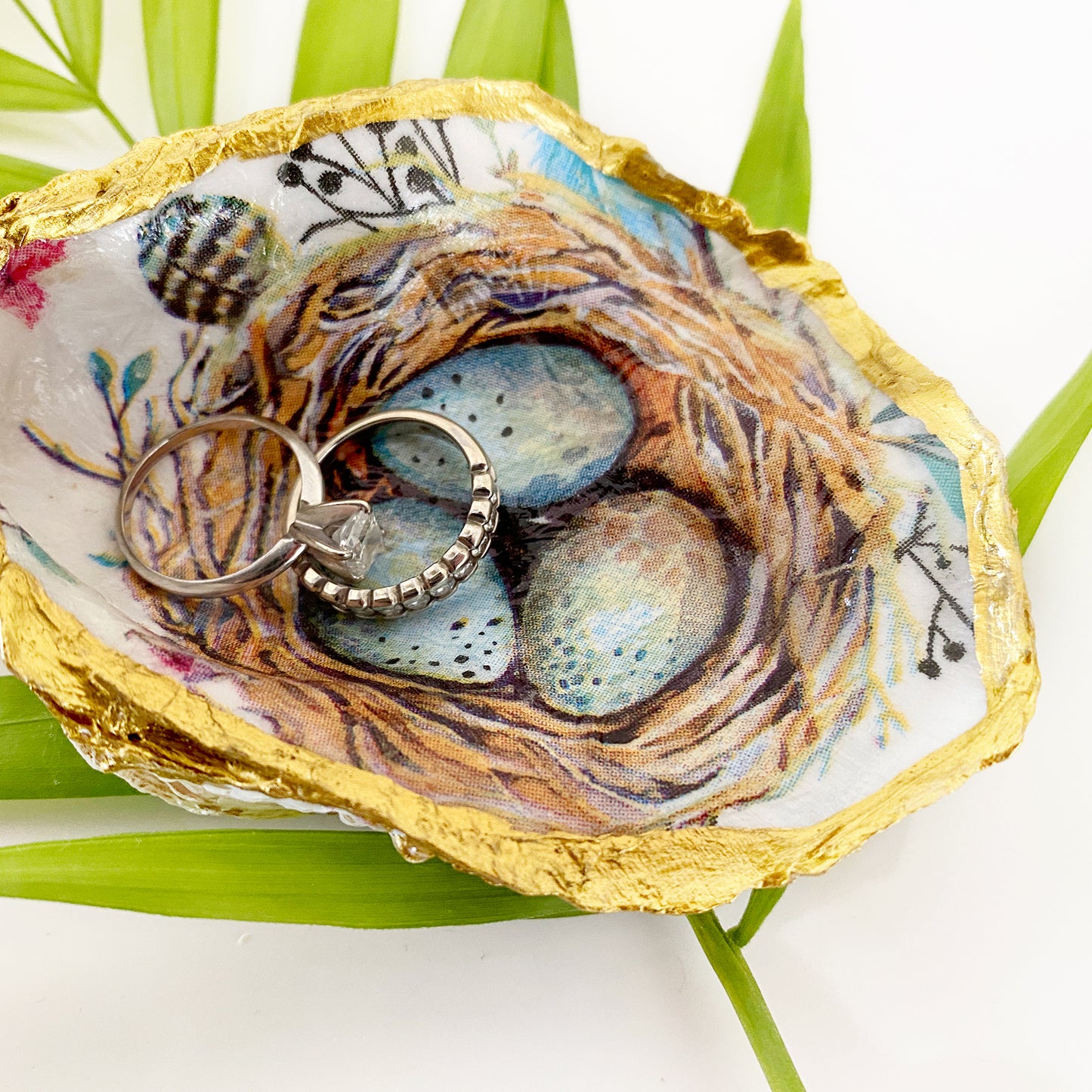 Robin's Egg Decoupage Oyster Shell Trinket Ring Dish