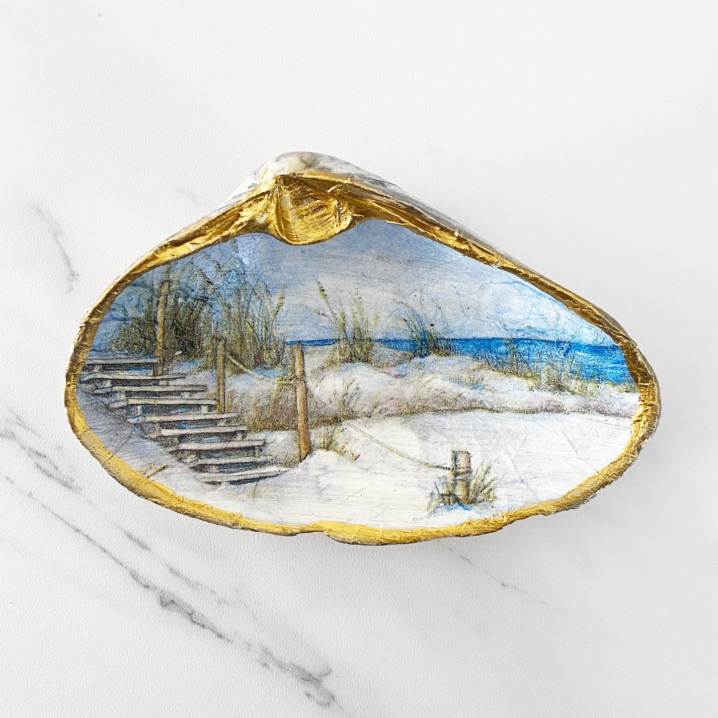 Summer Beach Sand Dunes Decoupage Clam Shell Trinket Dish