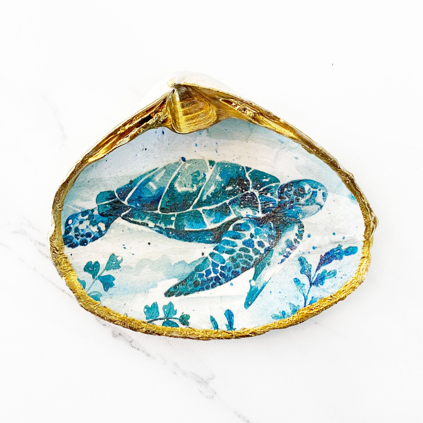 Sea Turtle Decoupage Clam Shell Trinket Dish