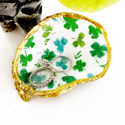 Shamrock Decoupage Oyster Shell Trinket Ring Dish