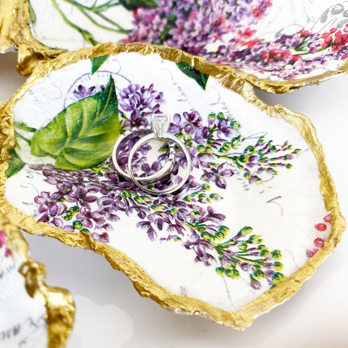 Spring Lilac Decoupage Oyster Shell Trinket Ring Dish
